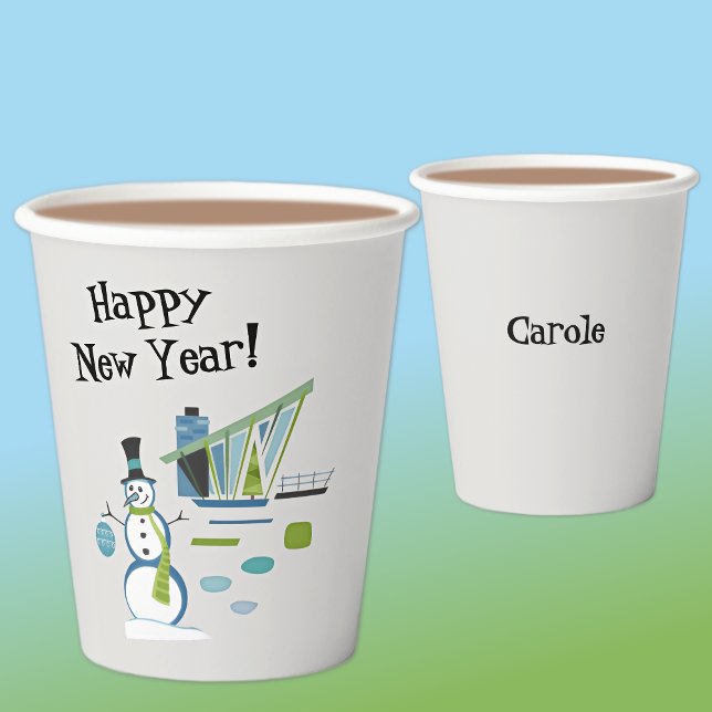 Name, Mid Century Snowman Happy New Year  Paper Cups (Creator Uploaded)
