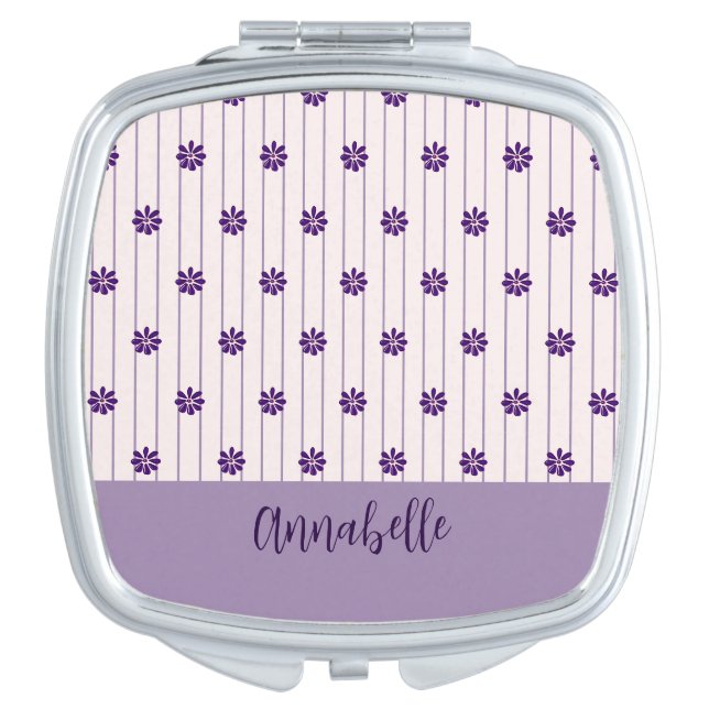 Name Modern Blush & Violet Stripes Floral Pattern Compact Mirror (Front)