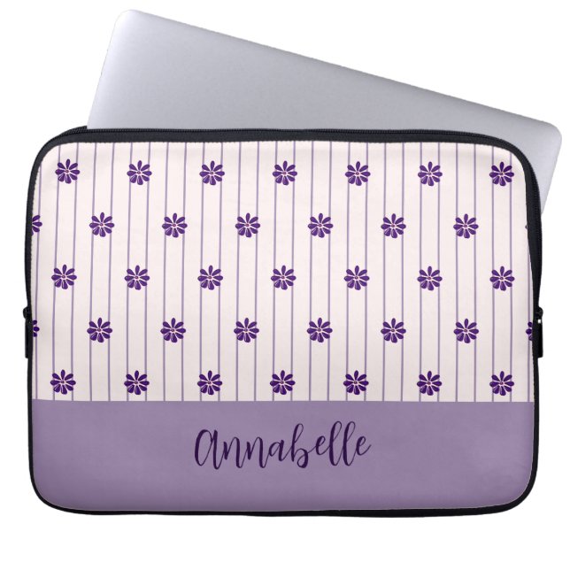 Name Modern Blush & Violet Stripes Floral Pattern Laptop Sleeve (Front)