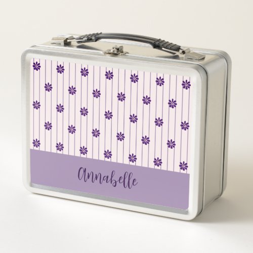 Name Modern Blush  Violet Stripes Floral Pattern Metal Lunch Box