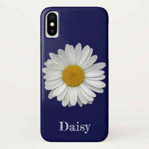 Name Modern Elegant White Daisy Flower Navy Blue iPhone XS Case
