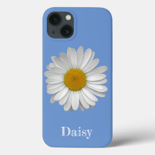 Name Modern Elegant White Daisy Flower on Blue iPhone 13 Case