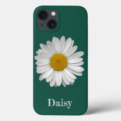 Name Modern Elegant White Daisy Flower on Emerald iPhone 13 Case