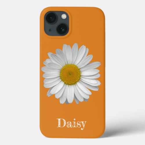 Name Modern Elegant White Daisy Flower on Orange iPhone 13 Case