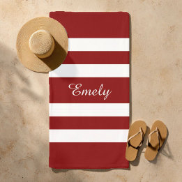 Name Modern Red Striped Pattern Beach Towel