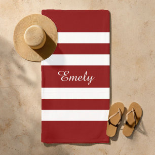 Name Modern Red Striped Pattern Beach Towel