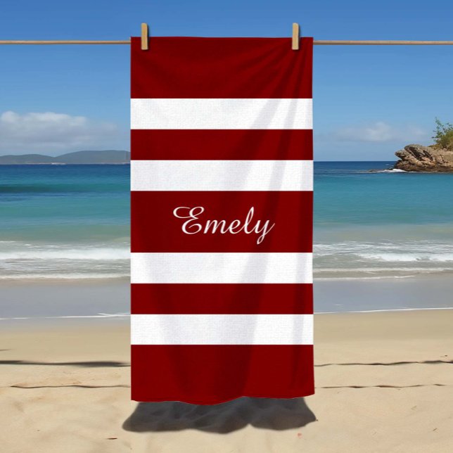 Name Modern Red Striped Pattern Beach Towel (Custom Name Name Modern Red Striped Pattern Beach Towel)