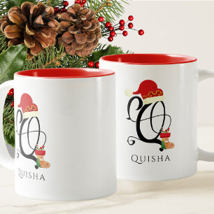 Name Modern Script Monogram Letter Q Christmas Two-Tone Coffee Mug