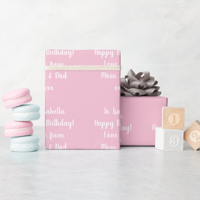 Name Modern Script Typography Pink Happy Birthday Wrapping Paper (Baby Shower)