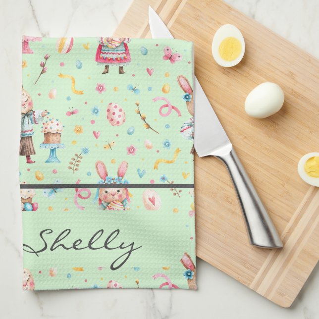 Name, Modern Vintage Green Easter Kitchen Towel (Quarter Fold)