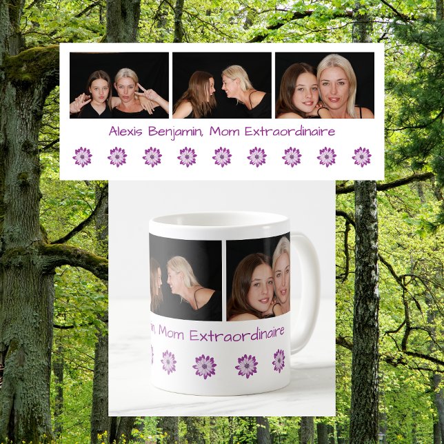 Name Mom Extraordinaire Best Mom Ever + 3 Photos  Coffee Mug (Mom Extraordinaire. Or Best Mom Ever. Personalized name + 3 photos + flowers. Cute Mother's Day gift)