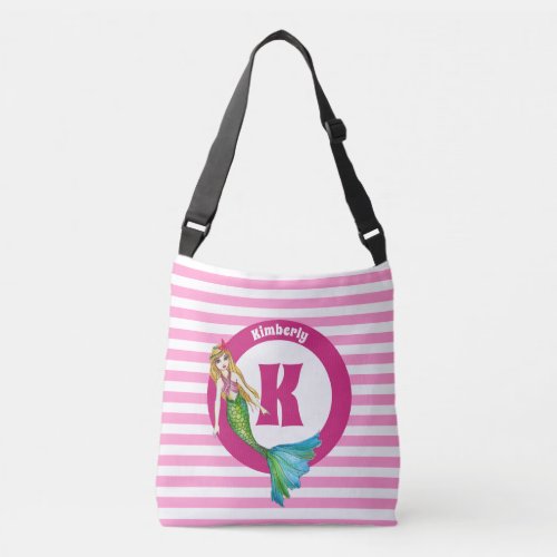 Name Monogram Beautiful Mermaid Pink Stripes Crossbody Bag