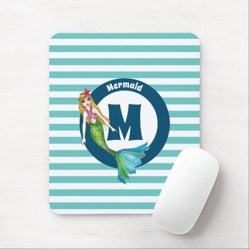 Name Monogram Beautiful Mermaid Turquoise Stripes Mouse Pad