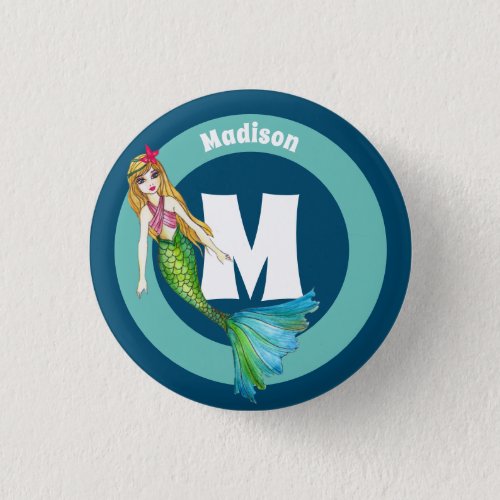 Name Monogram Beautiful Mermaid with Blonde Hair Button