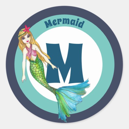 Name Monogram Beautiful Mermaid with Blonde Hair Classic Round Sticker