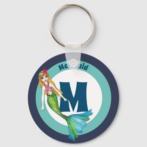 Name Monogram Beautiful Mermaid with Blonde Hair Keychain