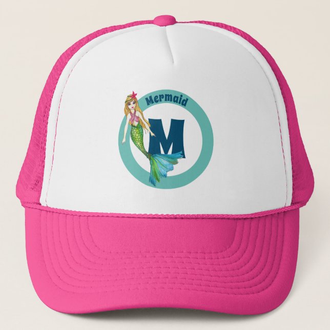 Name Monogram Beautiful Mermaid with Blonde Hair Trucker Hat (Front)
