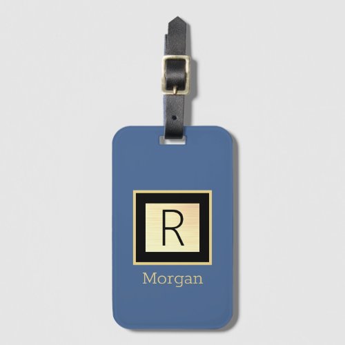 Name  Monogram Black  Gold Box Med Blue Luggage Tag