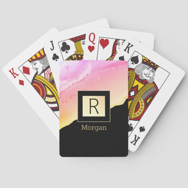 Name & Monogram Black & Gold Box Pink & Gold Agate Poker Cards (Back)