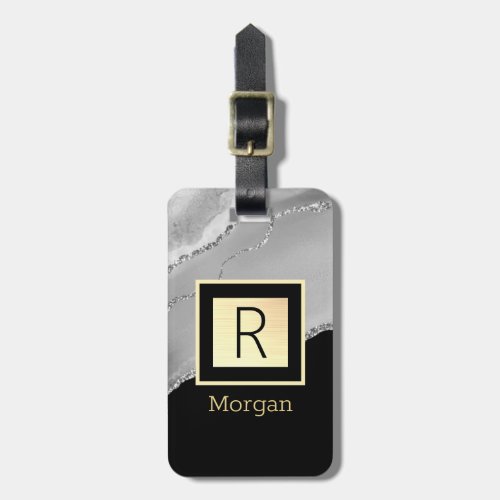 Name  Monogram Black  Gold Box Silver Agate Luggage Tag
