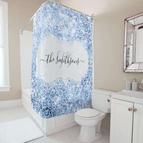 Name Monogram Blue Bridal Glitter New Wedding Shower Curtain