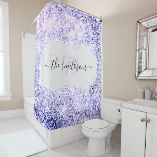 Name Monogram Blue Bridal Glitter Purple Wedding Shower Curtain