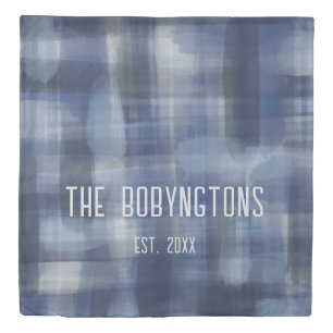 Name monogram blue navy watercolor tartan plaid duvet cover