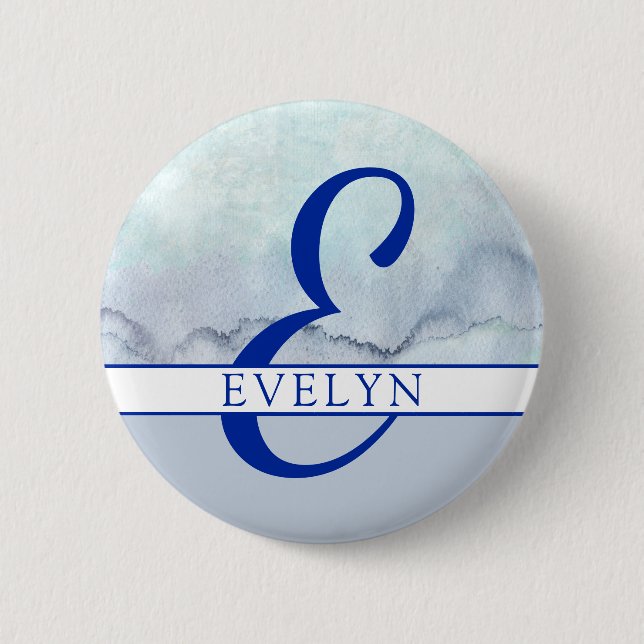 Name | Monogram Blue Watercolor Button (Front)