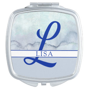 Name   Monogram Blue Watercolor Compact Mirror