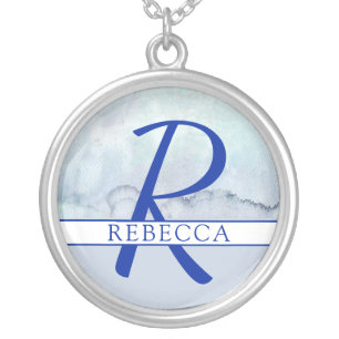 Name Monogram Blue Watercolor Silver Plated Necklace