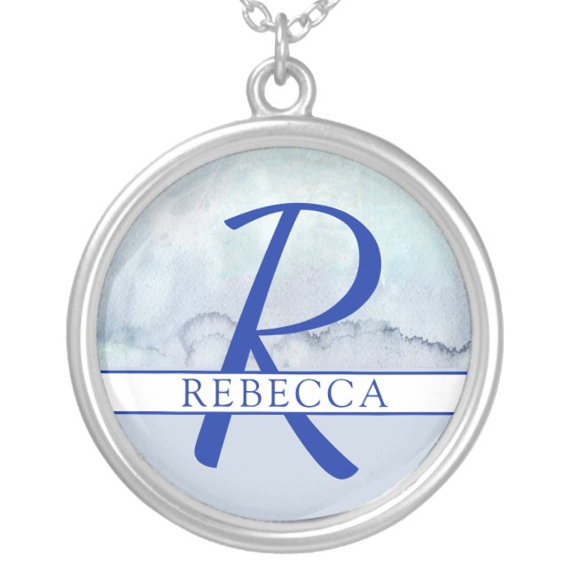 Name | Monogram Blue Watercolor Silver Plated Necklace (Front)