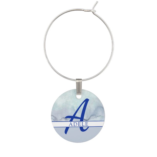 Name | Monogram Blue Watercolor Wine Charm (Front)