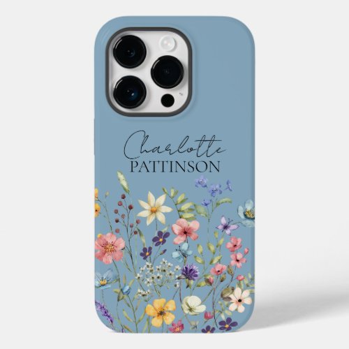 Name Monogram Botanical Wildflower Dusty Blue Case_Mate iPhone 14 Pro Case