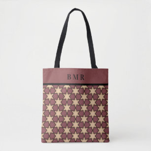 Name Monogram Burgundy Tan Black Star Pattern Tote Bag