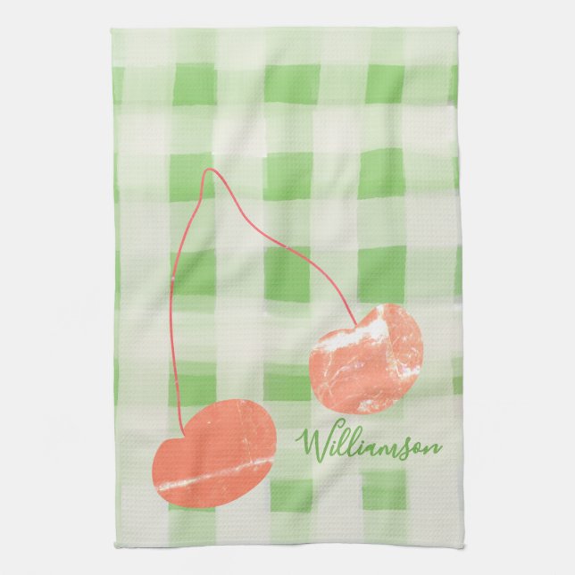 Name Monogram Check Gingham Pastel Green Cherry Kitchen Towel (Vertical)