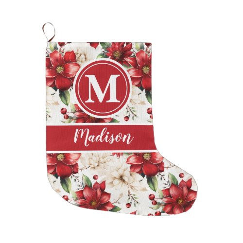 Name Monogram Christmas Flowers Floral Pattern Large Christmas Stocking