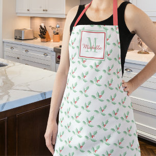 Name Monogram Christmas Holly Apron