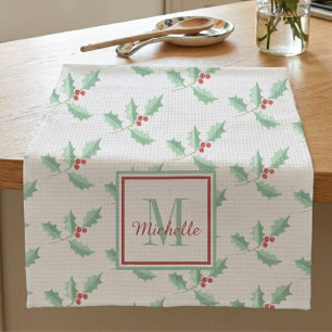 Name Monogram Christmas Holly Kitchen Towel