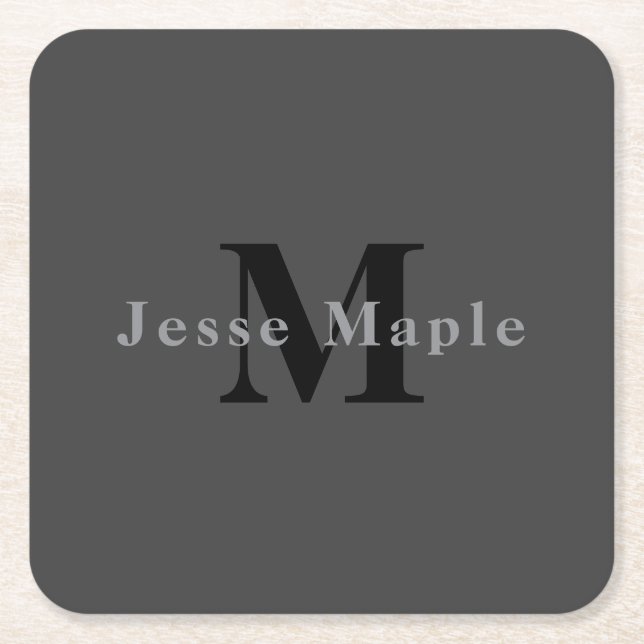Name & Monogram | Dark Gray Square Paper Coaster (Front)