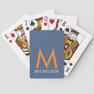 Name + Monogram Denim Blue and Orange Personalized Poker Cards
