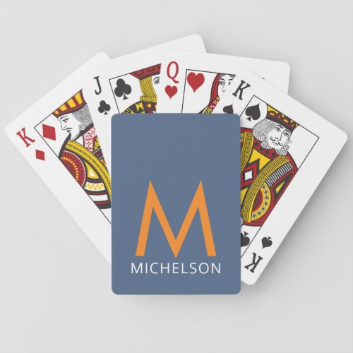 Name  Monogram Denim Blue and Orange Personalized Poker Cards