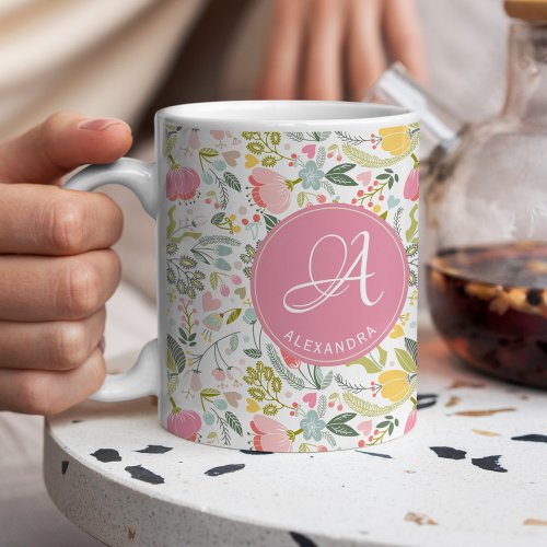 Name monogram elegant girly cute pattern pink mug