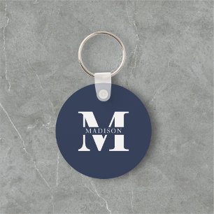 Name Monogram Elegant Navy Blue Keychain