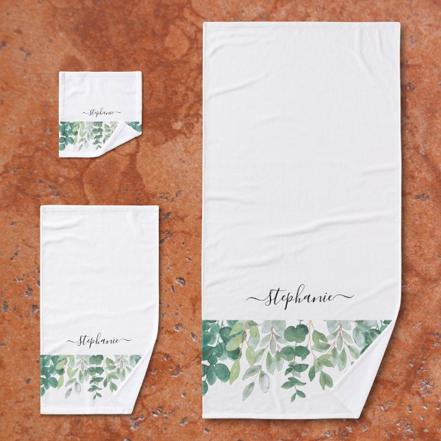 Name Monogram Eucalyptus Greenery   Bath Towel Set (Creator Uploaded)