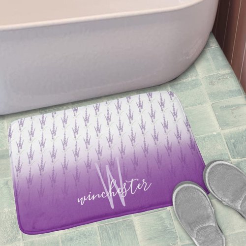 Name Monogram Farmhouse Lavender Flower Pattern Bath Mat