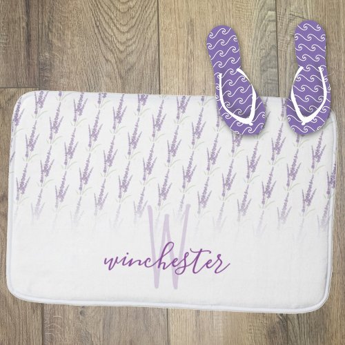 Name Monogram Farmhouse Lavender Flower Pattern Bath Mat