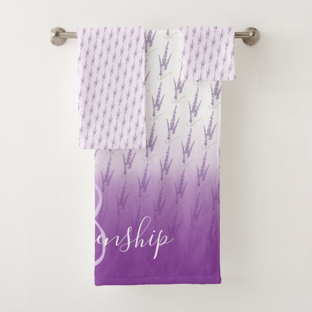 Name Monogram Farmhouse Lavender Flower Pattern Bath Towel Set (Insitu)