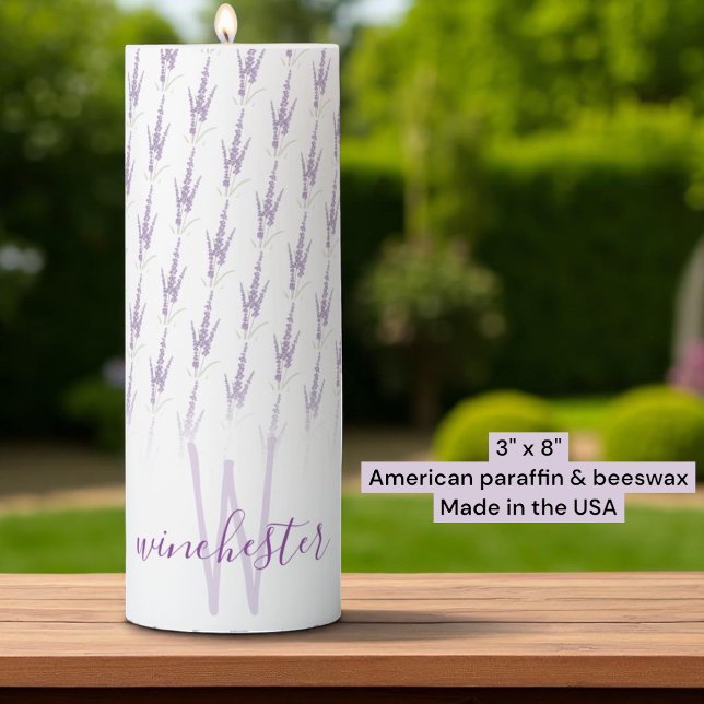 Name Monogram Farmhouse Lavender Flower Pattern Pillar Candle (lavender pattern monogram and name template candle)