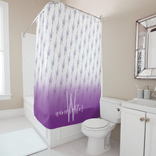 Name Monogram Farmhouse Lavender Flower Pattern Shower Curtain (In Situ)