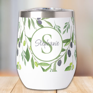 Name Monogram French Country Olive Pattern Thermal Wine Tumbler